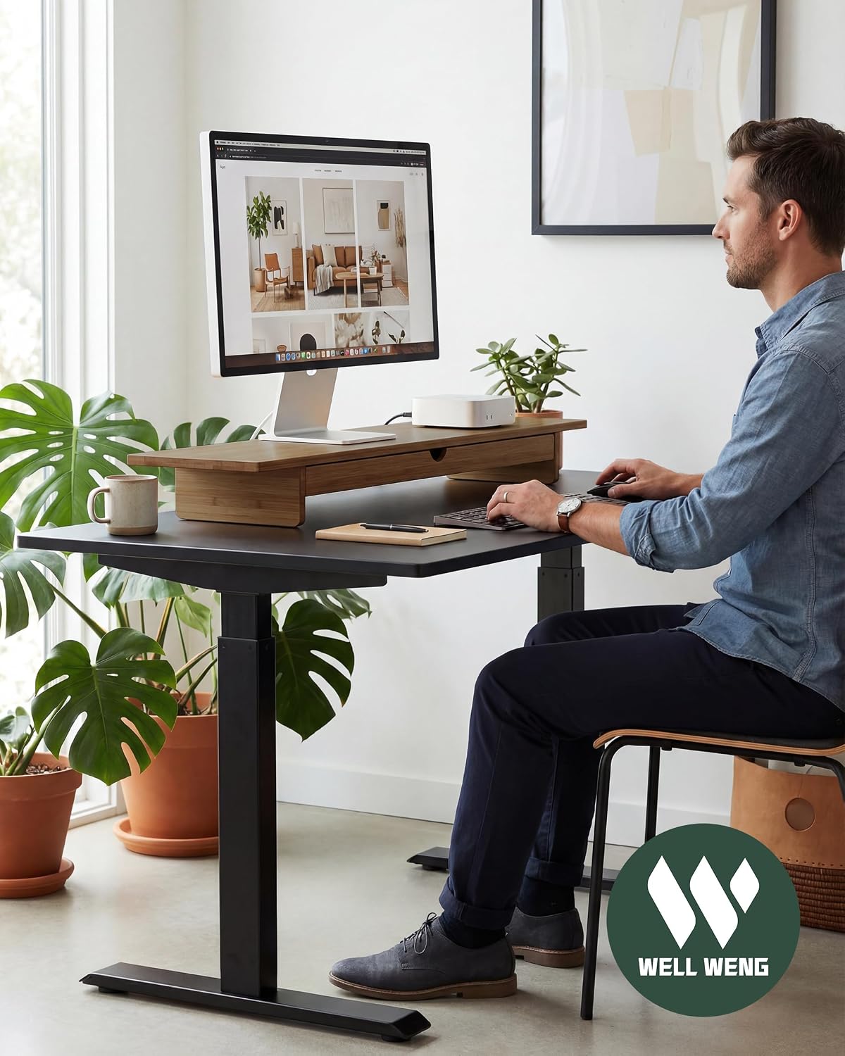 Dual Monitor Stand Riser with Drawer,Wood Desk Storage Shelf - Image 2