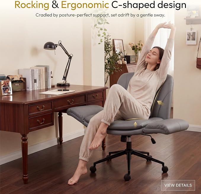 Dowinx Criss Cross Chair with Five-Level Adjustable Arms and Wheels - Comfortable Ergonomic PU Leather Swivel Vanity Chair - Computer Makeup Gaming Chair for Home Office, Bedroom, Vanity Room (Grey) - Image 3