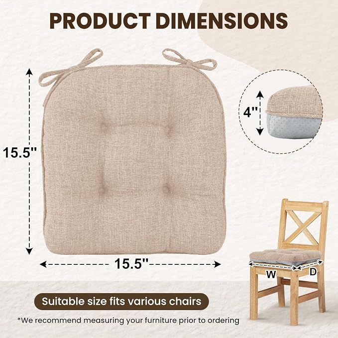 downluxe Indoor Chair Cushions for Dining Chairs, Tufted Overstuffed Textured Foam Kitchen Chair Pads with Ties and Non-Slip Backing, 15.5" x 15.5" x 4", Oatmeal Beige, 4 Pack - Image 2