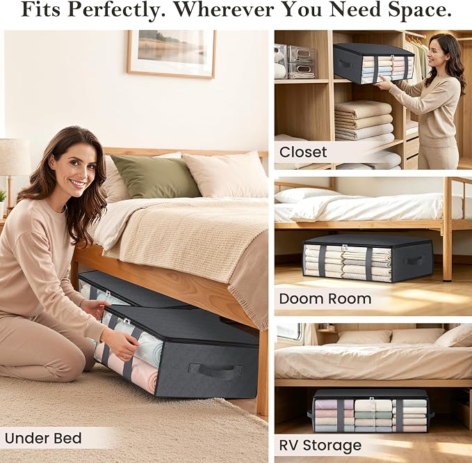 StorageRight Under Bed Storage Bags, 4 Pack, 40L, Gray | Breathable Non-Woven Fabric with a Clear Window and Zippered Top for Clothes, Comforters, Blankets and Seasonal Storage - Image 6