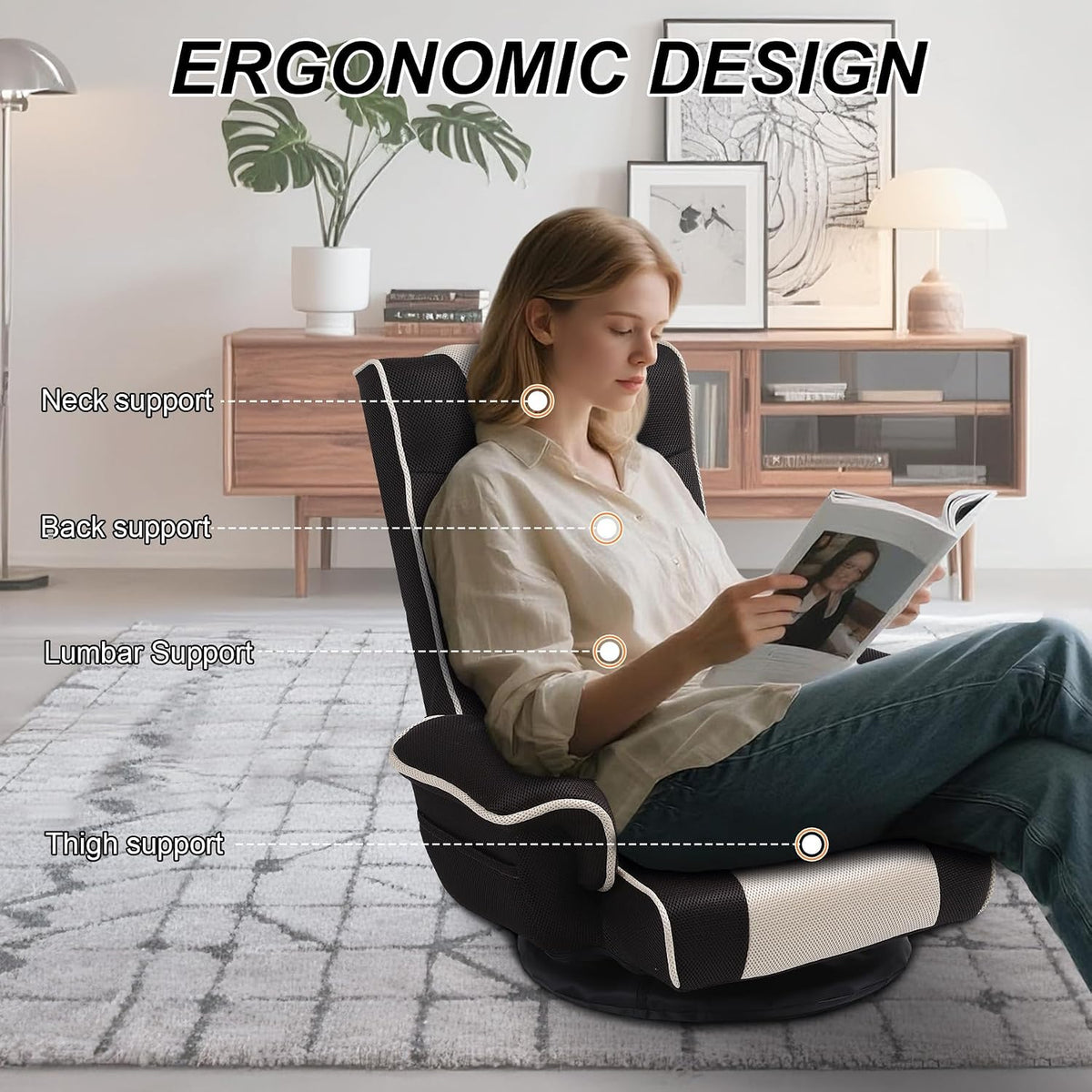 Ergonomic Gaming Chair, 6-Position Reclining Sofa Bed with Lumbar Support, Foldable Floor Lounger with Thick Cushion, Armrests & Side Pockets for Reading, Brown/Beige - Image 4