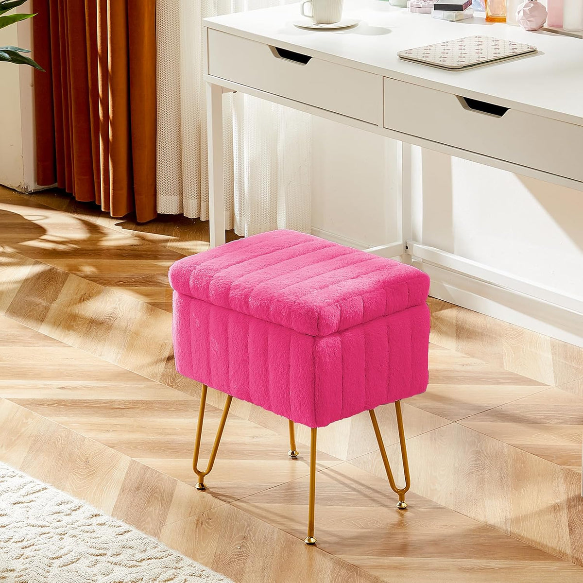 DUMOS Vanity Stool Chair, Ottoman with Storage, Makeup Cute Soft Small Footstool, Modern Style Faux Fur Seat with 4 Metal Legs & Adjustable Feet for Dressing, Living Room, Bedroom, Dorm, Red - Image 2