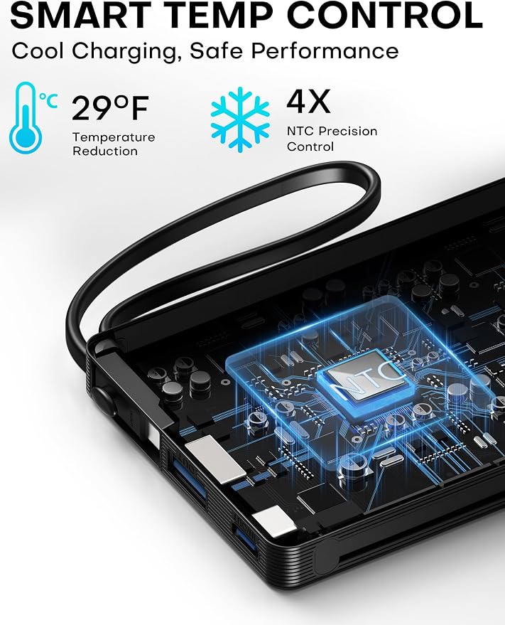 2Pack-10000mAh 22.5W Portable Charger Power Bank,Built-in Cables,WH‌&BLK‌ | 4 Outputs & 2 Inputs | 22.5W Fast charging | LED display | Slim Battery Pack for iPhone, Samsung Galaxy, Android - Image 7
