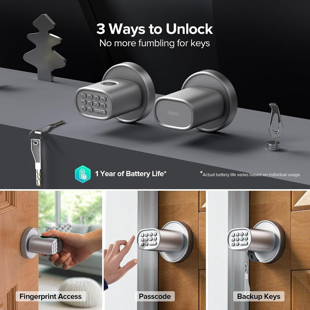 MD1 Fingerprint Door Knob Lock with Keypad, Silver - Image 2