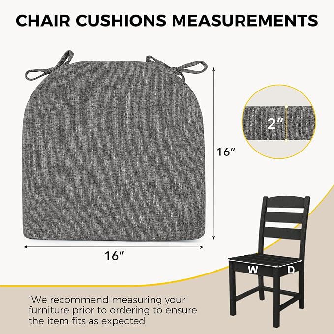 downluxe Indoor Chair Cushions for Dining Chairs, Soft and Comfortable Textured Foam Kitchen Chair Pads with Ties and Non-Slip Backing, 16" x 16" x 2", Dark Grey, 6 Pack - Image 2