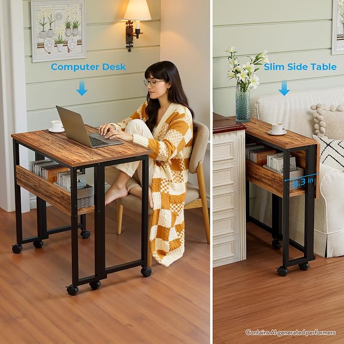 GreenForest Folding Desk with Wheels, 31.5" Rolling Table for Small Spaces | Storage Shelf, Lockable Casters, Compact Portable Workstation, Space-Saving Foldable Sofa Table, Home Office, Mobile, Walnut - Image 6