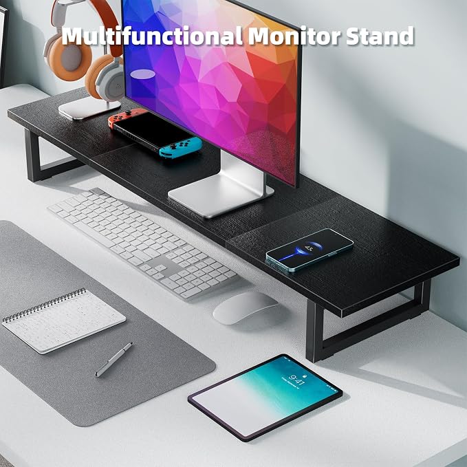 Simple Trending 38" Dual Monitor Stand Riser, Desk Organizer, Black | Laptop & Printer Stand, for 2 Monitors, Wood and Steel, Ergonomic Support, Easy Setup, Home Office Desk, 38"W x 10.25"D x 5"H - Image 4