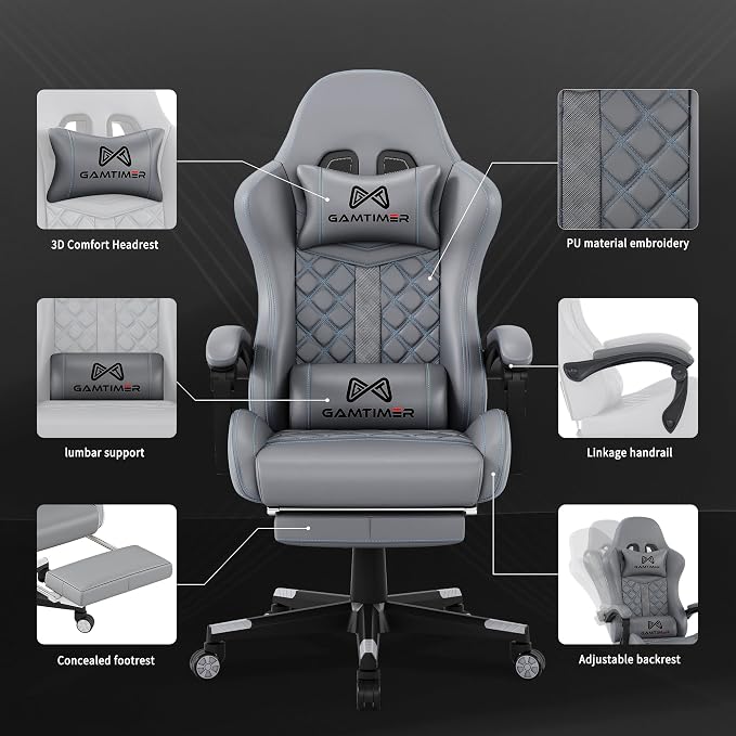 Gamtimer Gaming Chair, 400 LB Weight Capacity,with Pocket Spring Cushion | Ergonomic Backrest Office Chair,Leather, with Headrest and Lumbar Support, Footrest, Suitable for Adults(Grey) - Image 4