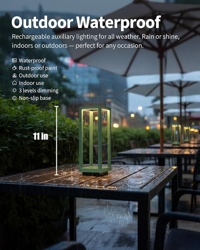 PUSU Cordless Waterproof Table Lamps Set of 2, Green LED Outdoor Desk Lamp | Rechargeable 4000mAh Battery Operated, 2700K 3-Level Dimmable, Portable Lighting for Patio, Camping, Bedroom, Night Light - Image 2