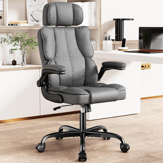 Kensaker Ergonomic Executive Office Chair with Adjustable Headrest & 90° Flip-Up Arms, High Back PU Leather Computer Desk Chair with 135° Rocking & Double Padding for Home Office Comfort, Gray - Image 2