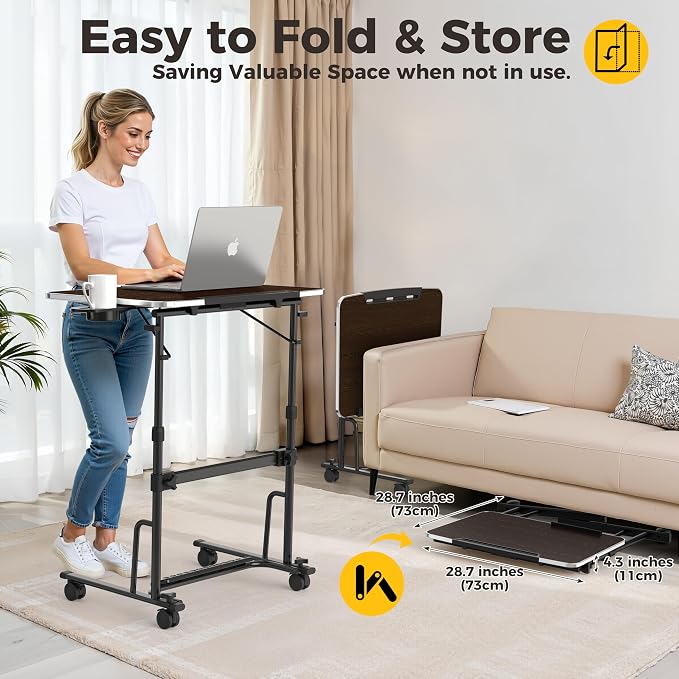 Foldable Standing & Rolling Desk, Upgraded Portable Desk on Wheels | Adjustable Height & Angle, Sturdy Mobile Table Workstation for Laptop with Footrest, Cup Holder, Edge Stopper & iPad Holder - Image 4