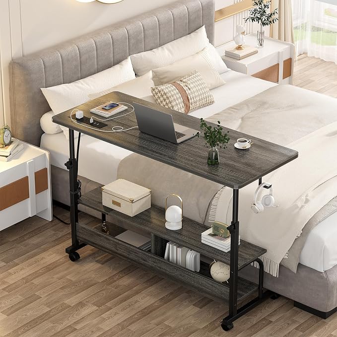 47" Rolling Standing Desk with Charging Station for Couch Bed | Height Adjust 27.5-41", 2 AC/3 USB, Mobile 4 Lockable Wheels, 2-tier Shelves Hook, Safe Corner Fast Assembly - Image 7