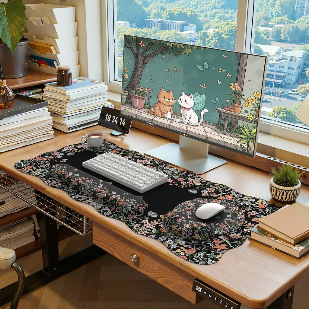 iLeadon Cute Desk Mat Set, Scalloped Floral Desk Mat Keyboard Mouse Pad Set - Image 7