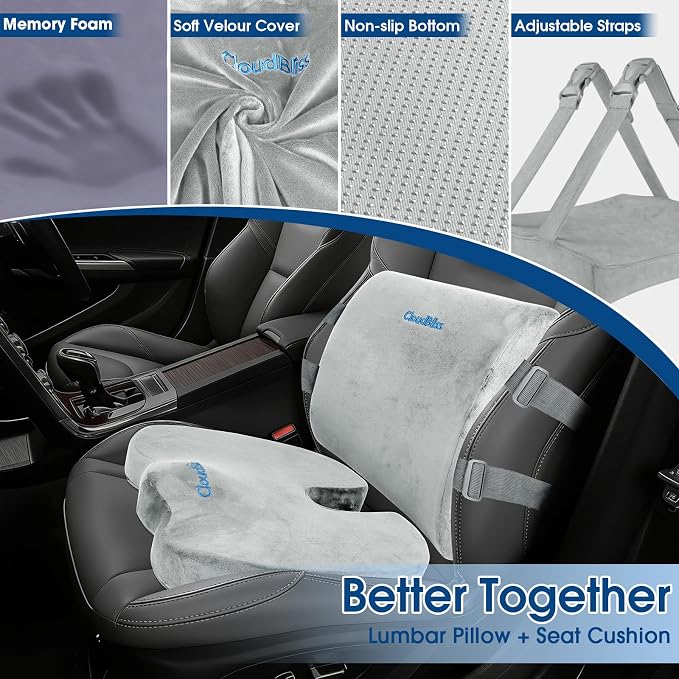 CloudBliss Ergonomic Seat Cushion & Lumbar Support Pillow Set, Light Grey | Back Pain & Sciatica Relief, Memory Foam Support, Adjustable Straps, Machine Washable Velvet, Perfect for Office, Car, Gaming - Image 3