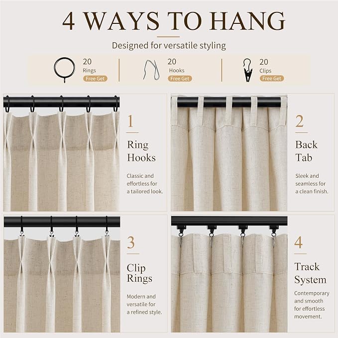 Hokibero Cream Pinch Pleated Linen Curtains 48 Inch Long for Living Room | Beige Light Filtering Semi Sheer Curtain,Back Tab Hooks Rings,Farmhouse Textured Privacy Drapes for Bedroom Window,2 Panels - Image 4
