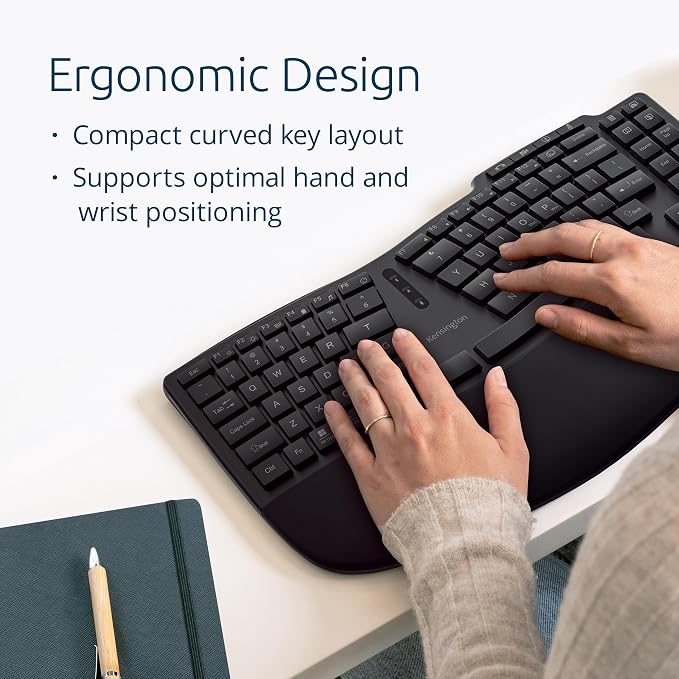 Kensington Pro Fit Ergo Wireless Keyboard KB675, Ergonomic, Rechargeable, Bluetooth & 2.4GHz Connection, Programmable Keys, Black, K75491US | Ergonomic layout, rechargeable, Bluetooth and 2.4GHz connection, programmable keys - Image 2