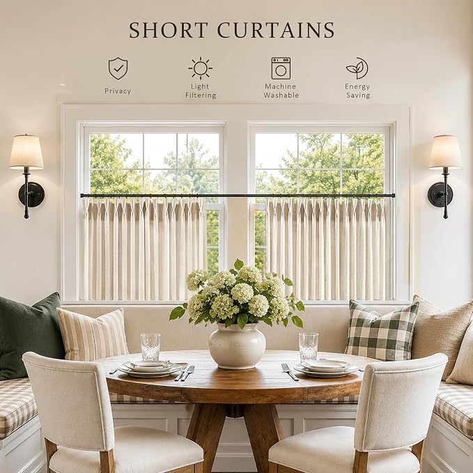 Hokibero Cream Pinch Pleated Linen Curtains 48 Inch Long for Living Room | Beige Light Filtering Semi Sheer Curtain,Back Tab Hooks Rings,Farmhouse Textured Privacy Drapes for Bedroom Window,2 Panels - Image 2