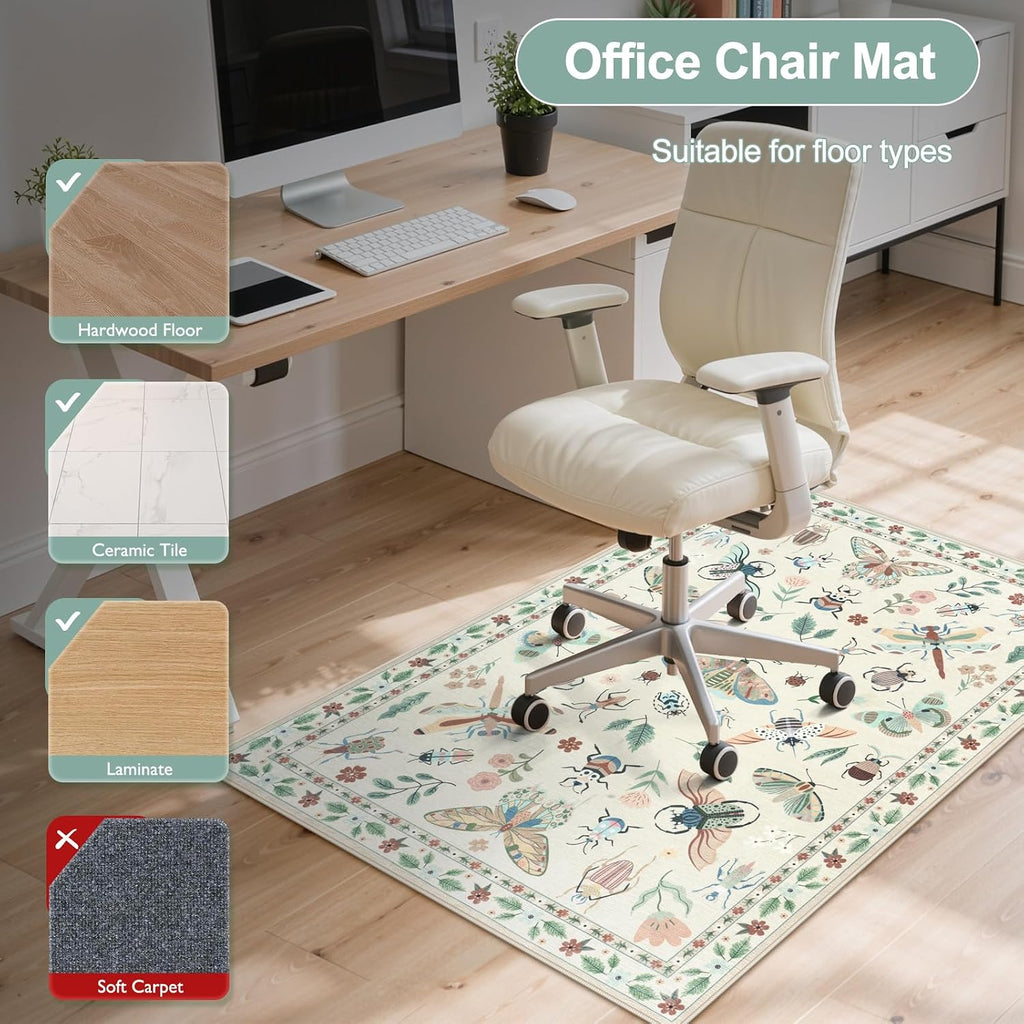 36"x48" Home Office Chair Mat for Hardwood Floor, Beige Under Desk Rug for Rolling Chairs, Anti-Slip Insect Print Desk Floor Mat for Offices Chair, Low Pile Office Rugs for Rolling Chairs - Image 5