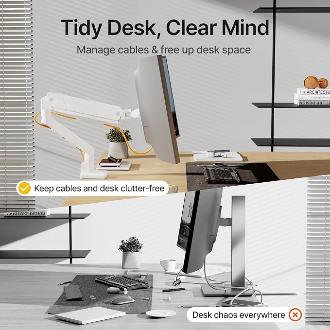 monTEK Single Monitor Arm for Max 45 Inch Ultrawide Screens, Holds 35 Lbs | Adjustable Monitor Desk Mount with C Clamp/Grommet Desk Mount, Cable Management, VESA 75/100mm, White - Image 5
