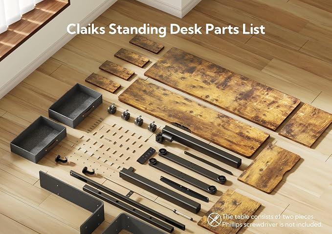 Claiks Standing Desk with Drawers & Wheels, 2 Height Shelf 59" Rustic Brown | 2 height adjust shelf, tabletop drawers, felt fence design, sturdy supports 176 lbs, 4 wheels, 2 tire monitor stand - Image 6