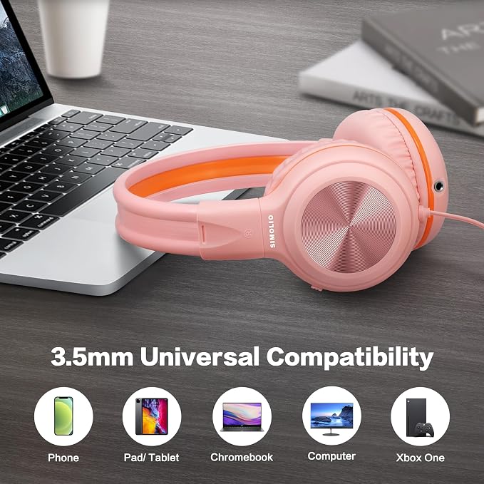 SIMOLIO Manyshare Series- Wired Headphones with Mic & Share Port, Volume Limited, Noise Isolating, Durable Plug in Headphones with Portable Pouch for Kids Girls, School, Travel, Laptop, Tablet (Pink) - Image 6