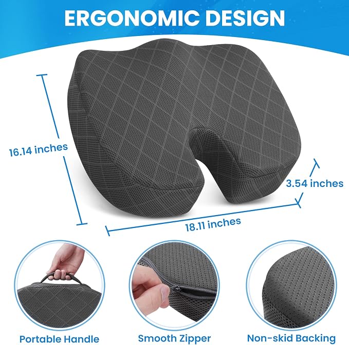 Seat Cushion - Memory Foam Cushion for Office Chair, Car Seat, Airplane, Bleacher - Sciatica & Hip & Coccyx Pain Relief Cushions for Long Sitting Office Workers, Car Drivers (Grey, X-Large) | for Car Seat, Airplane, Desk Chair - Sciatica & Hip & Coccyx... - Image 2