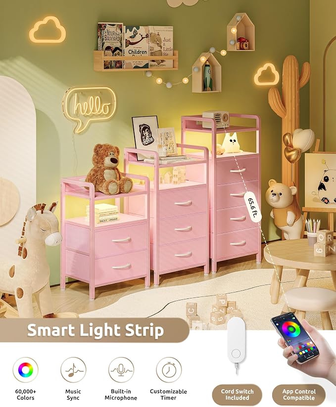 Lazzanto Nightstand with Rear Charging Station, LED Light, 4 Drawers, Pink | Industrial Nightstand, 2 USB-A Ports & AC Outlets, Raised Back Guard, Fabric Storage Drawers, Bedside Table for Bedroom, Dorm - Image 4