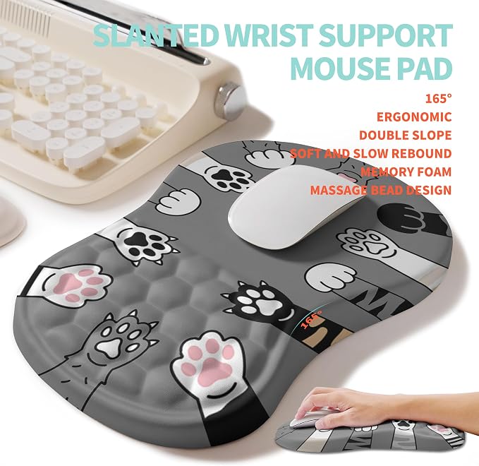 2-in-1 Ergonomic Set, Wave Rise Keyboard Wrist Rest and Massage Bulge Slope Mouse Pad Wrist Support, Cushion Memory Foam Integrated to Relieve Wrist Pain, Cute Cat Paws - Image 3