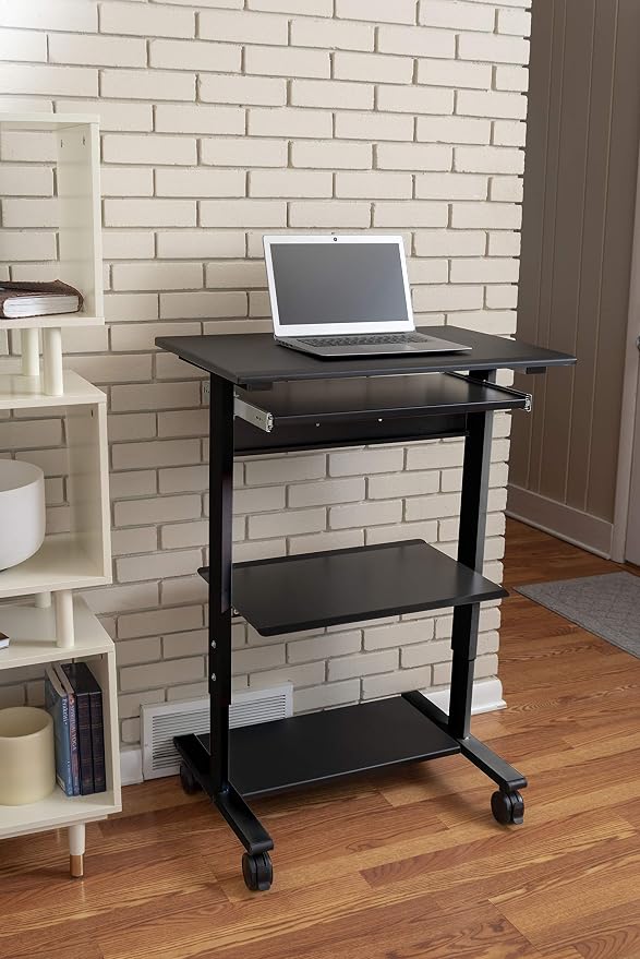 Stand Up Desk Store Mobile Rolling Adjustable Height Standing Workstation with Printer Shelf and Slideout Keyboard Tray (Black Frame/Black Top, 30" Wide) - Image 8