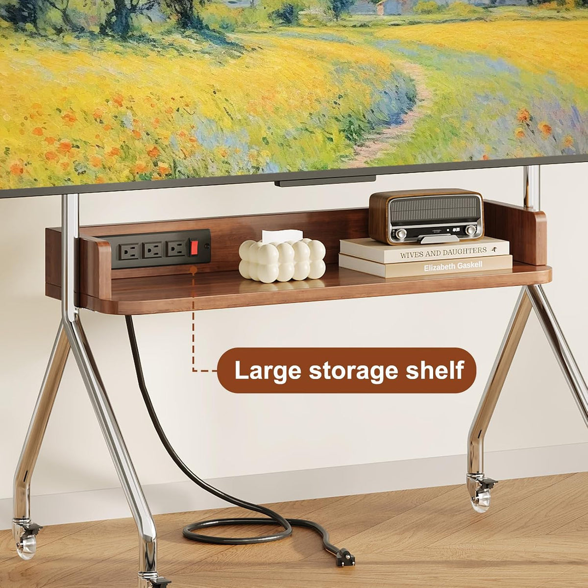 Rolling TV Stand with Power Outlet & Wooden Shelf, Stainless Steel Mobile TV Carts for 32-75 Inch TVs up to 110 lbs,Height Adjustable Portable TV Stand with wheels and Pegboard Storage for Home Office - Image 4