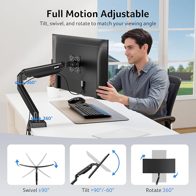 Acer Single Monitor Mount, Fully Adjustable Monitor Arm Fits 17-34" Screens | Gas Spring VESA Mount with C-Clamp & Grommet Base, Computer Desk Arm with Tilt Swivel Rotate Supports 4.4-19.8 lbs - Image 3