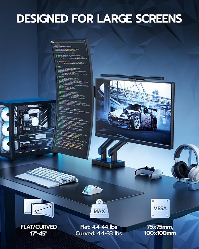 ARES WING 17-45 Inch Monitor Arm Ultrawide Dual Monitor Mount, Black | Heavy Duty Mechanical Spring Monitor Stand Adjustable Arms Holds up to 44lbs, 75/100 VESA Mount with Clamp/Grommet Base - Image 2