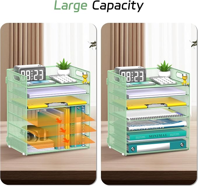 7 Tier Paper Organizer for Desk with Letter Trays & Handle Mint Green | Black Desk File Organizer with Handle for Sorting Papers, Files, Folders, Mail, Bills and Office Supplies - Image 5