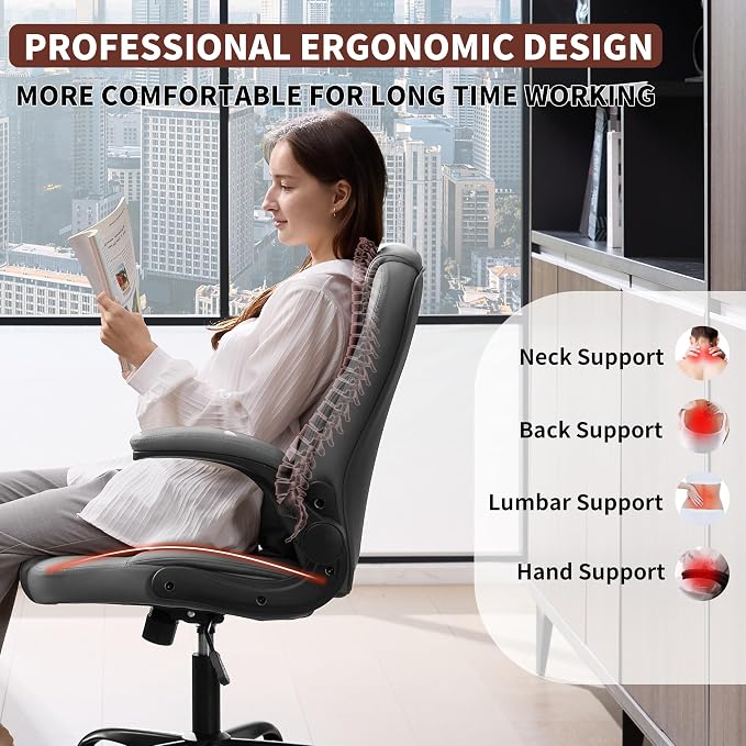 PU Leather Office Chair Swivel Lumbar Support for Short People Grey | Executive Office Chair PU,Leather Office Chair with Wheels,360° Swivel Rolling Chair with Padded Arm,Ergonomic Computer Chair - Image 3