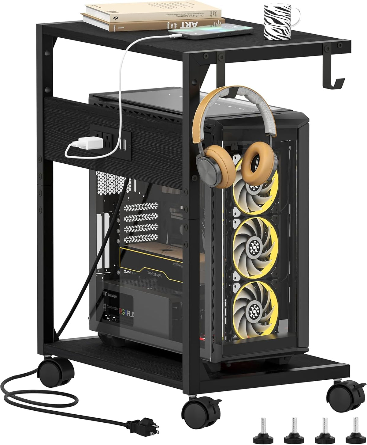 2 Tier Computer Tower Stand with Charging Station, 11.8" D x 16.5" W Rolling Floor PC Tower Stand Fits Under Desk, CPU Holder Cart for Carpet with Hooks, Home Office by Akxomel