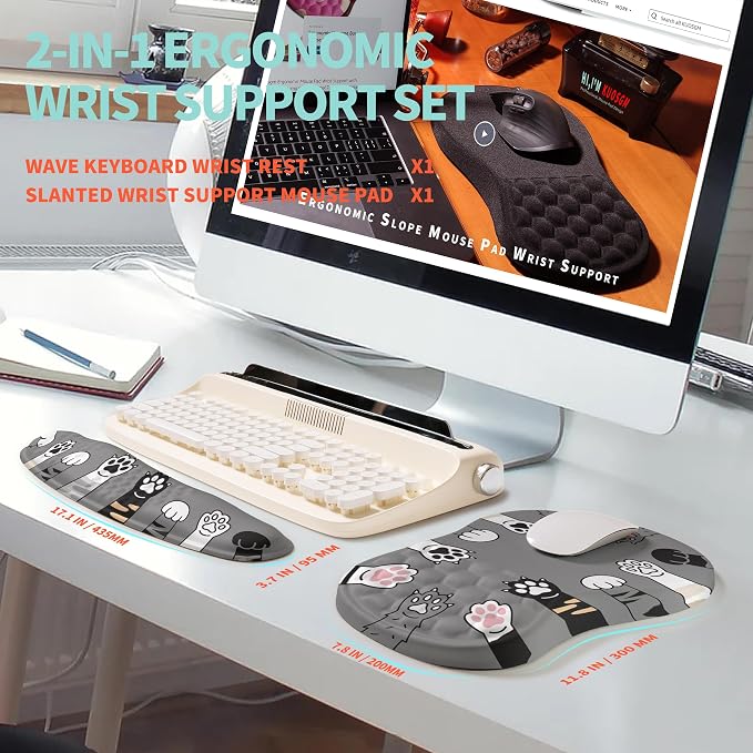 2-in-1 Ergonomic Set, Wave Rise Keyboard Wrist Rest and Massage Bulge Slope Mouse Pad Wrist Support, Cushion Memory Foam Integrated to Relieve Wrist Pain, Cute Cat Paws - Image 5