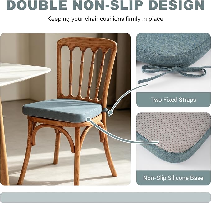 Battilo Chair Cushions for Dining Chairs, Waterproof Kitchen Chair Pads with Non-Slip Backing and Ties, Seat Cushions with Machine Washable Removable Cover, 16"x16"x2", Set of 2, Grayish Blue - Image 5