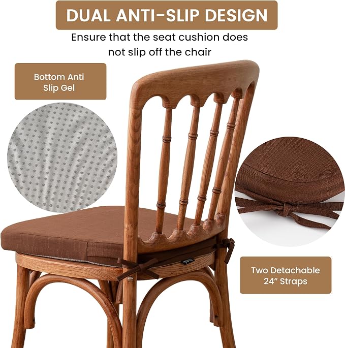 Battilo Chair Cushions for Dining Chairs with Ties, Kitchen Chair Pad with Non-Slip Backing and Removable Cover, Indoor/Outdoor Dining Seat Cushion, 16"x16"x2", Set of 4, Brown - Image 5