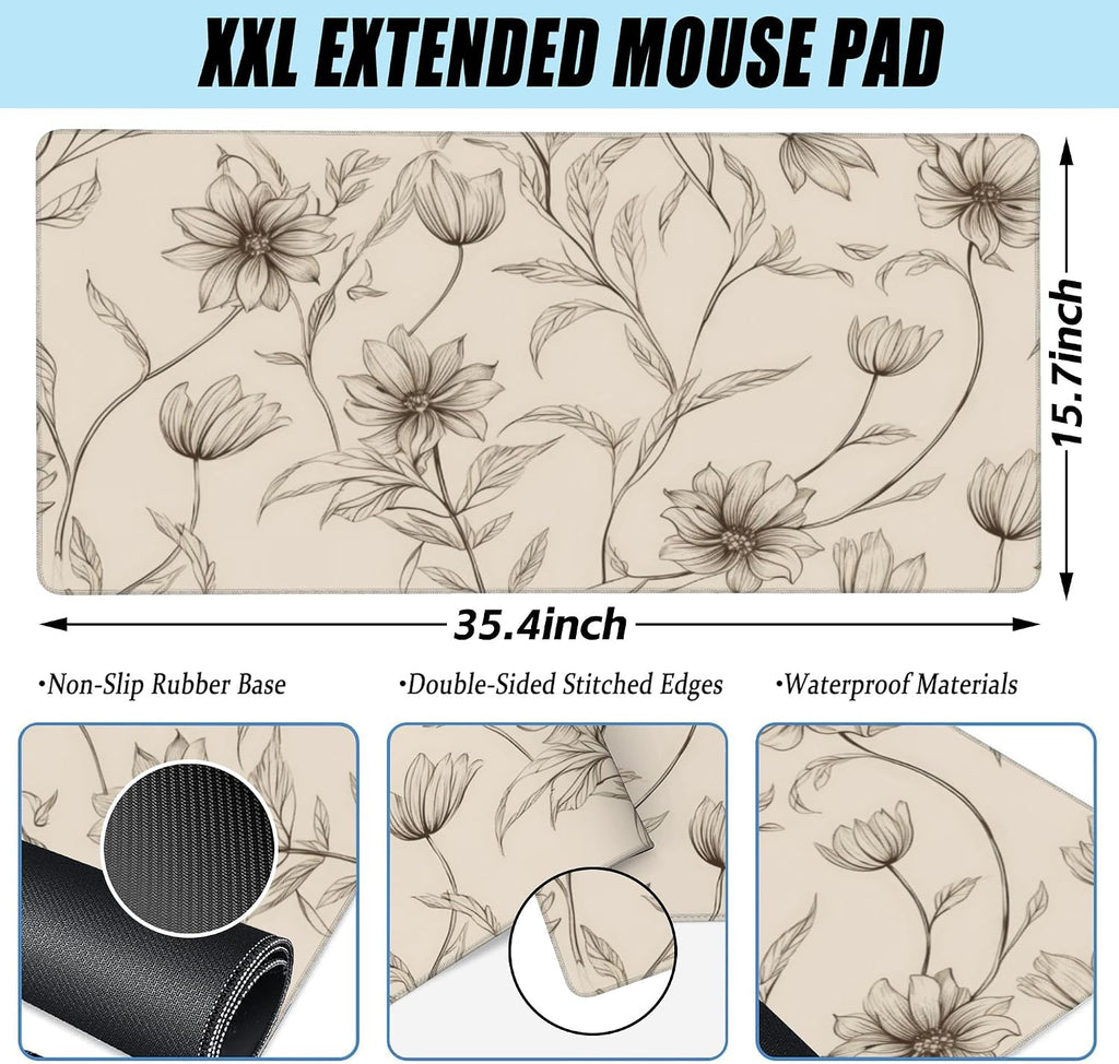 XXL Mouse Pad,Minimalist Flowers Large Gaming Mouse Pad,Abstract line Floral Desk Mat for Desktop,Extended Big Computer Keyboard Desk Pad with Non-Slip Base and Stitched Edges 35.4"x15.7" - Image 2
