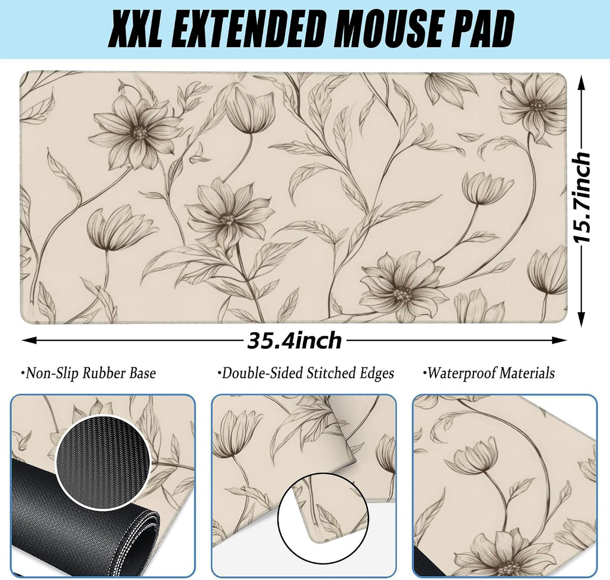 XXL Mouse Pad,Minimalist Flowers Large Gaming Mouse Pad,Abstract line Floral Desk Mat for Desktop,Extended Big Computer Keyboard Desk Pad with Non-Slip Base and Stitched Edges 35.4"x15.7" - Image 2