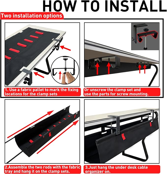 No Drill Under Desk Cable Management Tray, 48" Desk Cable Organizer | Premium Oxford Fabric Cable Management, Clamp Screw Desk Cable Management, Large Capacity Table Cable Organizer for Office - Image 5