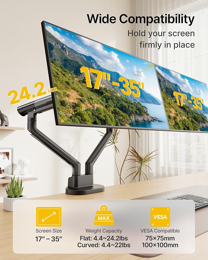 monTEK Aluminum Dual Monitor Arm for 17-35" Screens, 24.3 lbs Each, Black | Mechanical spring, tension indicator, full motion, VESA 75/100 compatibility, clamp/grommet bases and cable routing - Image 2