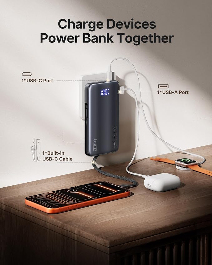 INIU 45W Fast Charging Portable Charger, 10000mAh with Built in Wall Plug | Slimmest, Built-in Wall Plug, USB-C Cable, GaN, Flight-Safe, 3 in 1 Power Bank for iPhone 17, Samsung, iPad etc - Image 5