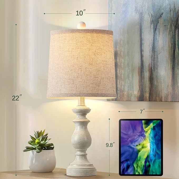 Traditional Table Lamp Set of 2, Rustic Farmhouse Table Lamps for Living Room Bedroom, 22" Bedside Desk Lamps Vintage Nightstand Lamps with Linen Shades, Antique White - Image 4