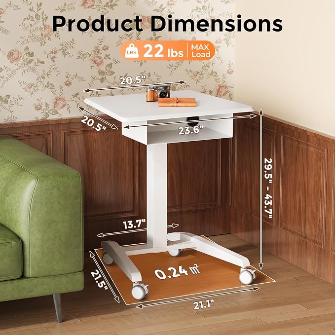 JOY worker Mobile Standing Desk with Drawer, 23.6" Small White Laptop Desk | Pneumatic Height Adjustable, Open Storage Shelf, 4 Lockable Wheels, Portable Sit Stand Desk, Home Office Teacher, Holds 22lbs - Image 2