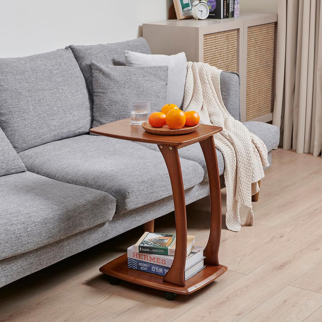 Solid Wood C Shaped End Table with Wheels,Walnut Color(13.7"W) - Image 5