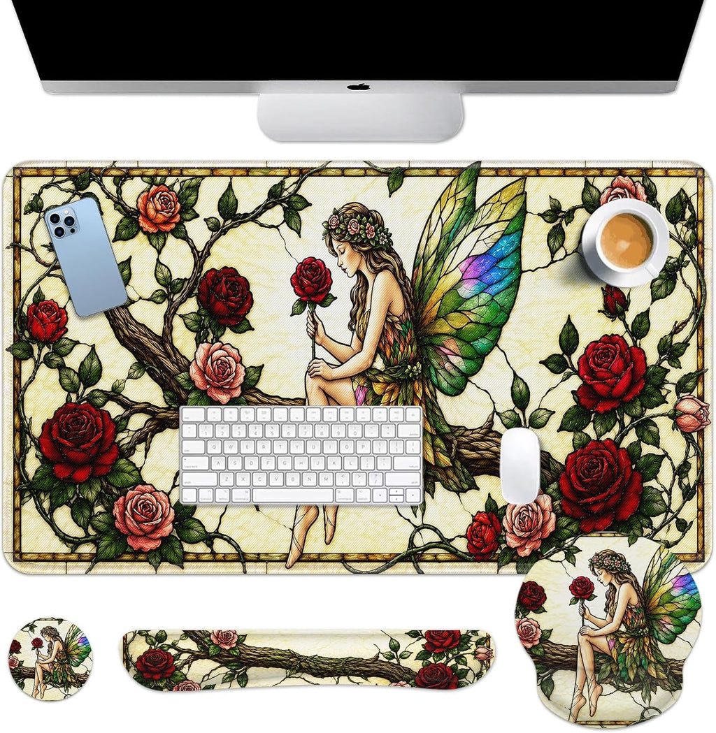 Keyboard Mouse Pad Set, 4 in 1 Desk Mat Set, Rose Fairy by Britimes