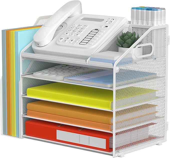 DocNest 5 Tier Metal Mesh Desk File Organizer with Phone Shelf, White | Desktop letter tray sorter features a 9.1x9.1 inch top phone holder, built-in sticky note compartment and pen holder by DocNest
