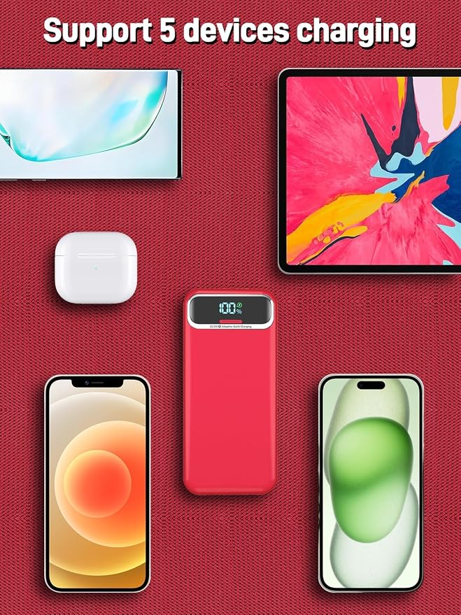 Nusyddy Portable Charger 20000mAh Fast Charging w/Built-in Wall Plug Red | 22.5W Fast Charging, High Capacity, LED Display, Charge 5 Devices at once, TSA Approved, Compatible with iPhone/Samsung - Image 6