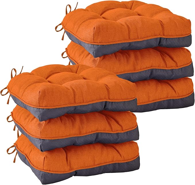 IASEAHK Chair Cushions for Dining Chairs, Seat Cushions for Kitchen Chairs, Indoor Seat Cushions with Ties, Tufted Foam Chair Pads, Non Slip Chair Cushions Set of 6, 15.5" x 15.5" x 4", Orange by IASEAHK